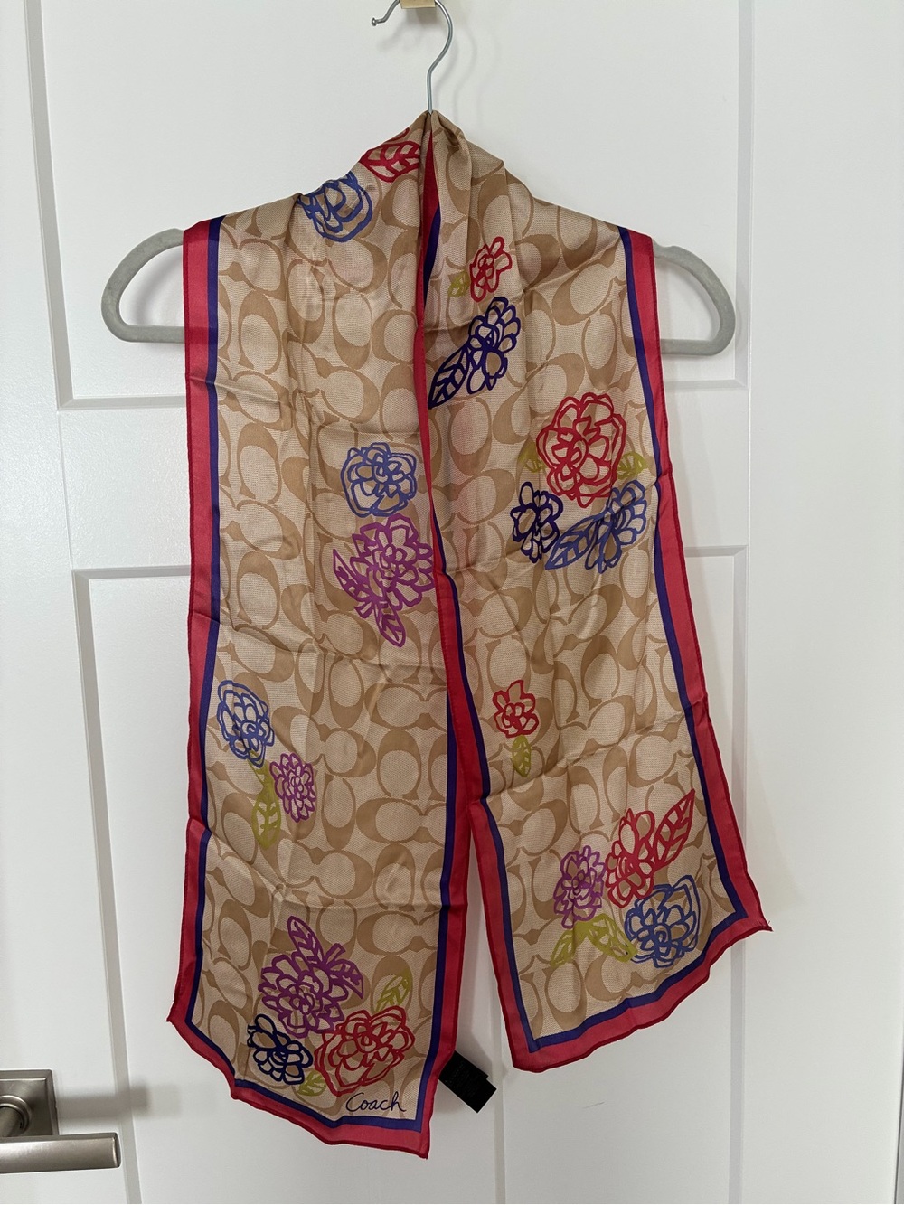 Coach Woman’s Beige Signature Floral Silk Scarf with Pink and Blue Trim